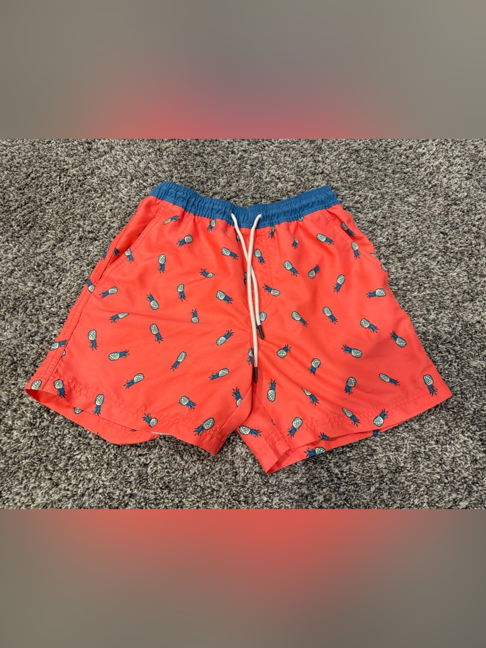 American Eagle Outfitters Coral Pineapple Swim Trunks with Blue Waistband XS
